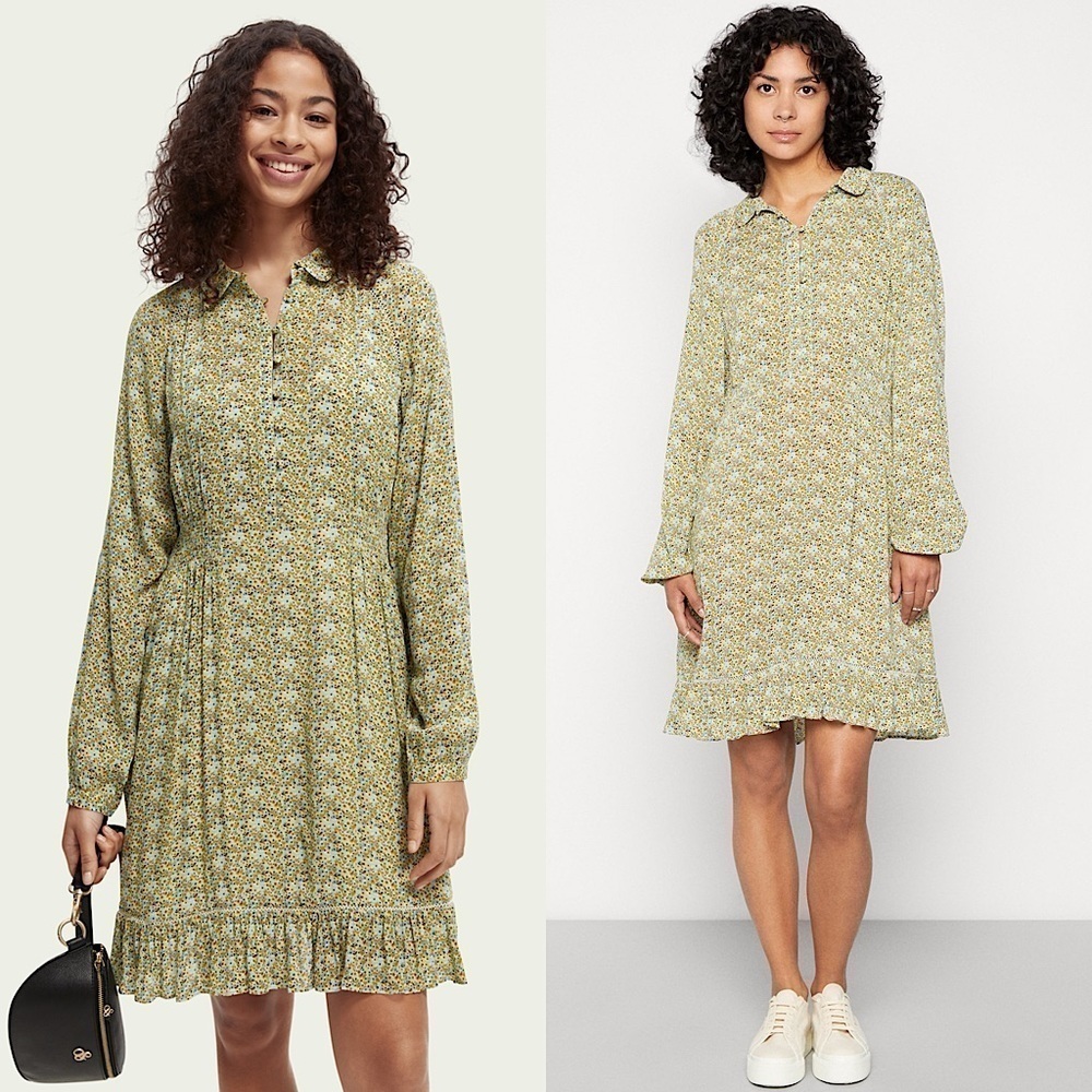 NWT SCOTCH SODA Floral Print Long Sleeve Ruffle Hem Smocked Waist Shirt Dress L‎